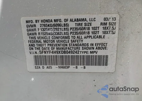 2013 Honda Pilot Touring from USA, damaged, VIN 5FNYF4H9XDB049242